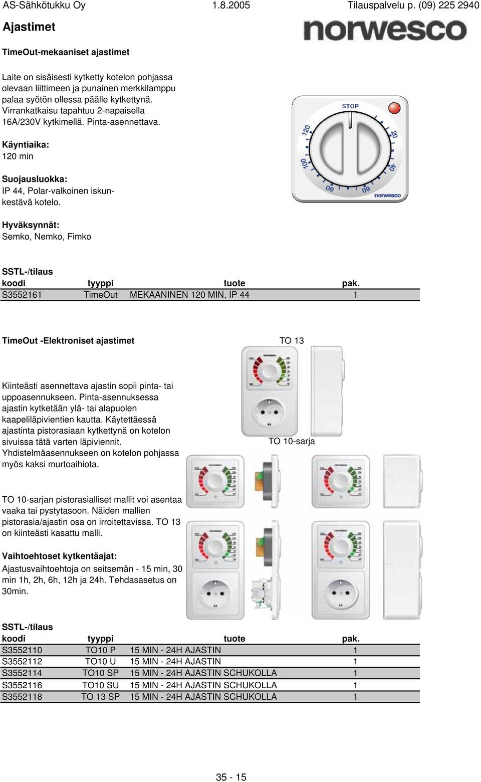 Hyväksynnät: Semko, Nemko, Fimko koodi tyyppi tuote S3552161 TimeOut MEKAANINEN 120 MIN, IP 44 1 TimeOut -Elektroniset ajastimet TO 13 Kiinteästi asennettava ajastin sopii pinta- tai uppoasennukseen.