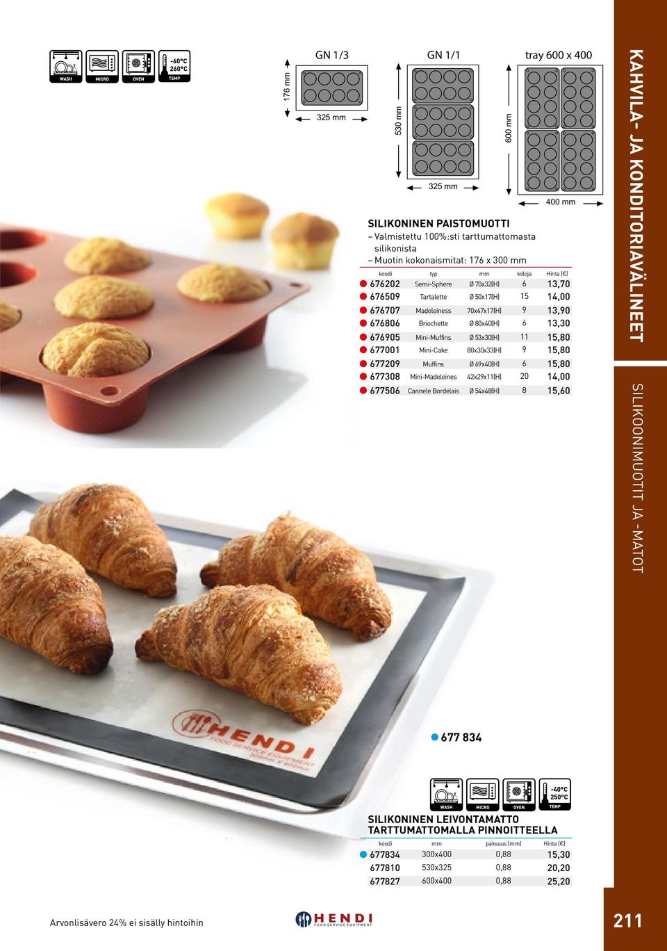 677001 Mini-Cake 80x30x33(H) 9 15,80 677209 Muffins Ø 69x40(H) 6 15,80 677308 Mini-Madeleines 42x29x11(H) 20 14,00 677506 Cannele Bordelais Ø 54x48(H) 8 15,60 Kahvila- ja