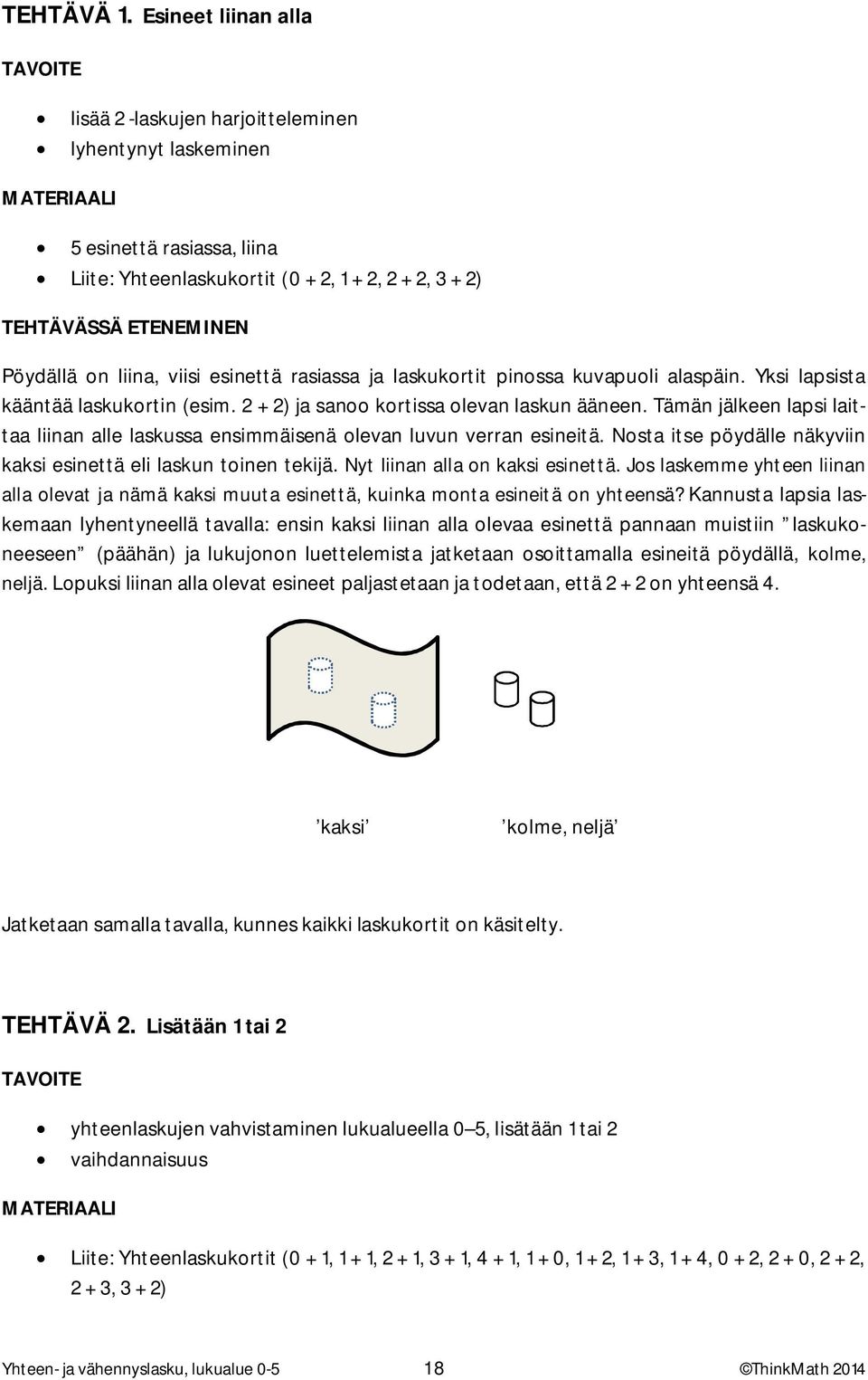 rasiassa ja laskukortit pinossa kuvapuoli alaspäin. Yksi lapsista kääntää laskukortin (esim. 2 + 2) ja sanoo kortissa olevan laskun ääneen.