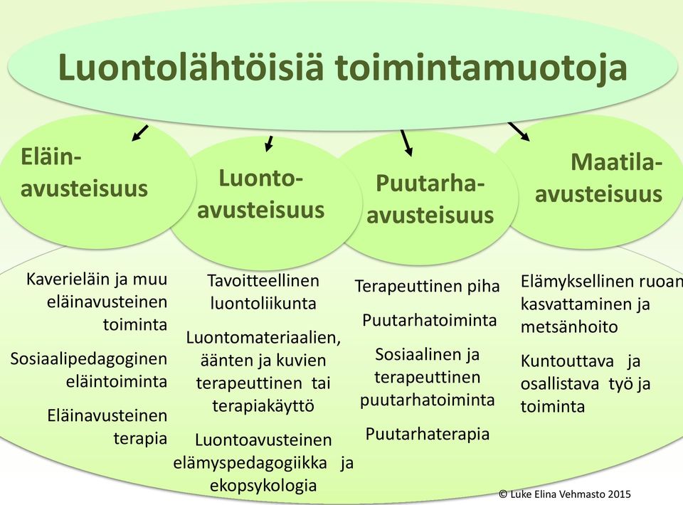 kuvien terapeuttinen tai terapiakäyttö Luontoavusteinen elämyspedagogiikka ja ekopsykologia Terapeuttinen piha Puutarhatoiminta Sosiaalinen ja