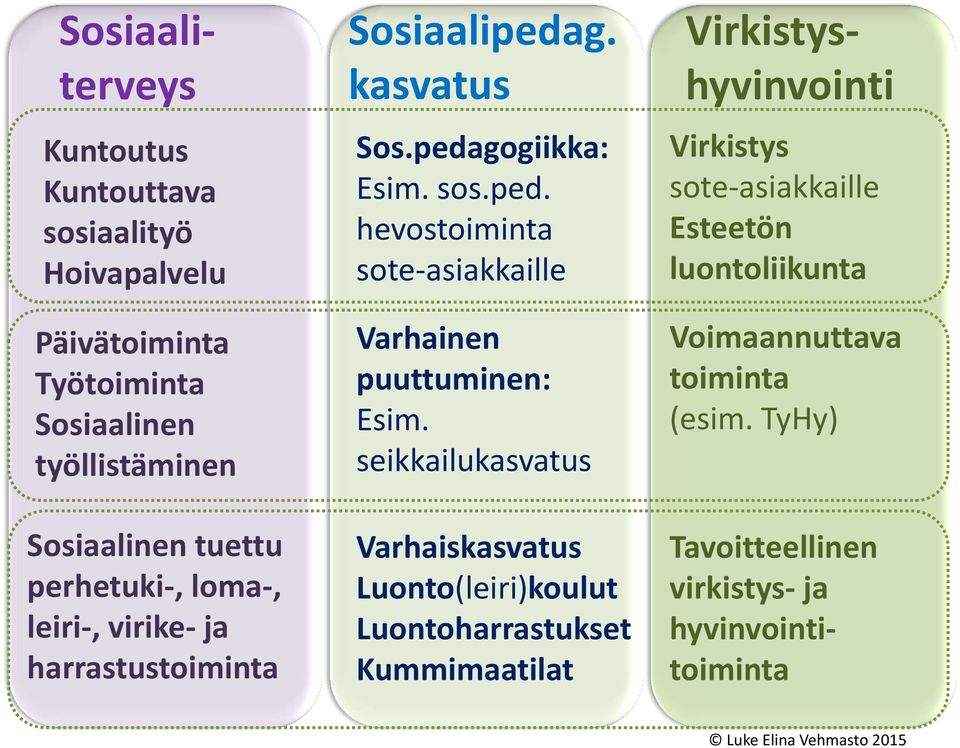 g. kasvatus Sos.pedagogiikka: Esim. sos.ped. hevostoiminta sote-asiakkaille Varhainen puuttuminen: Esim.