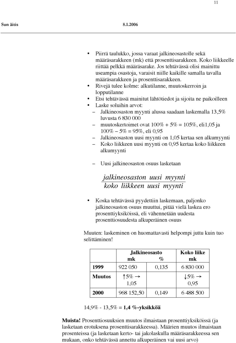 Rivejä tulee kolme: alkutilanne, muutoskerroin ja lopputilanne Etsi tehtävässä mainitut lähtötiedot ja sijoita ne paikoilleen Laske soluihin arvot: Jalkineosaston myynti alussa saadaan laskemalla