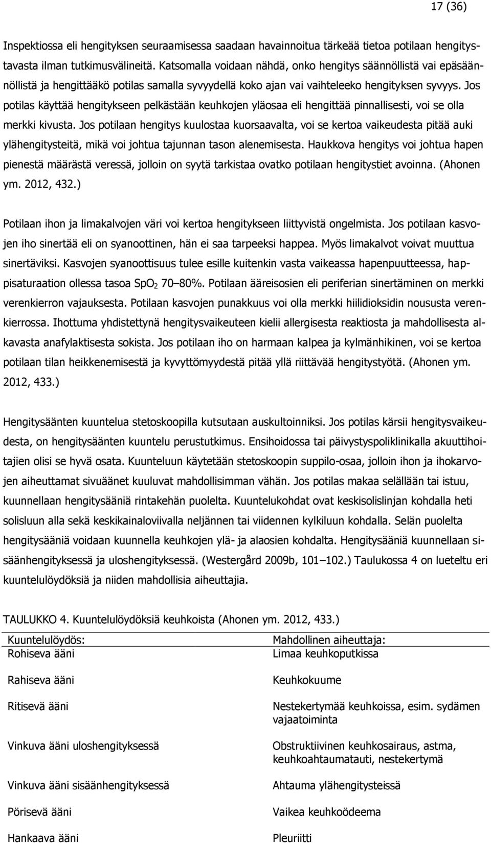 Jos potilas käyttää hengitykseen pelkästään keuhkojen yläosaa eli hengittää pinnallisesti, voi se olla merkki kivusta.