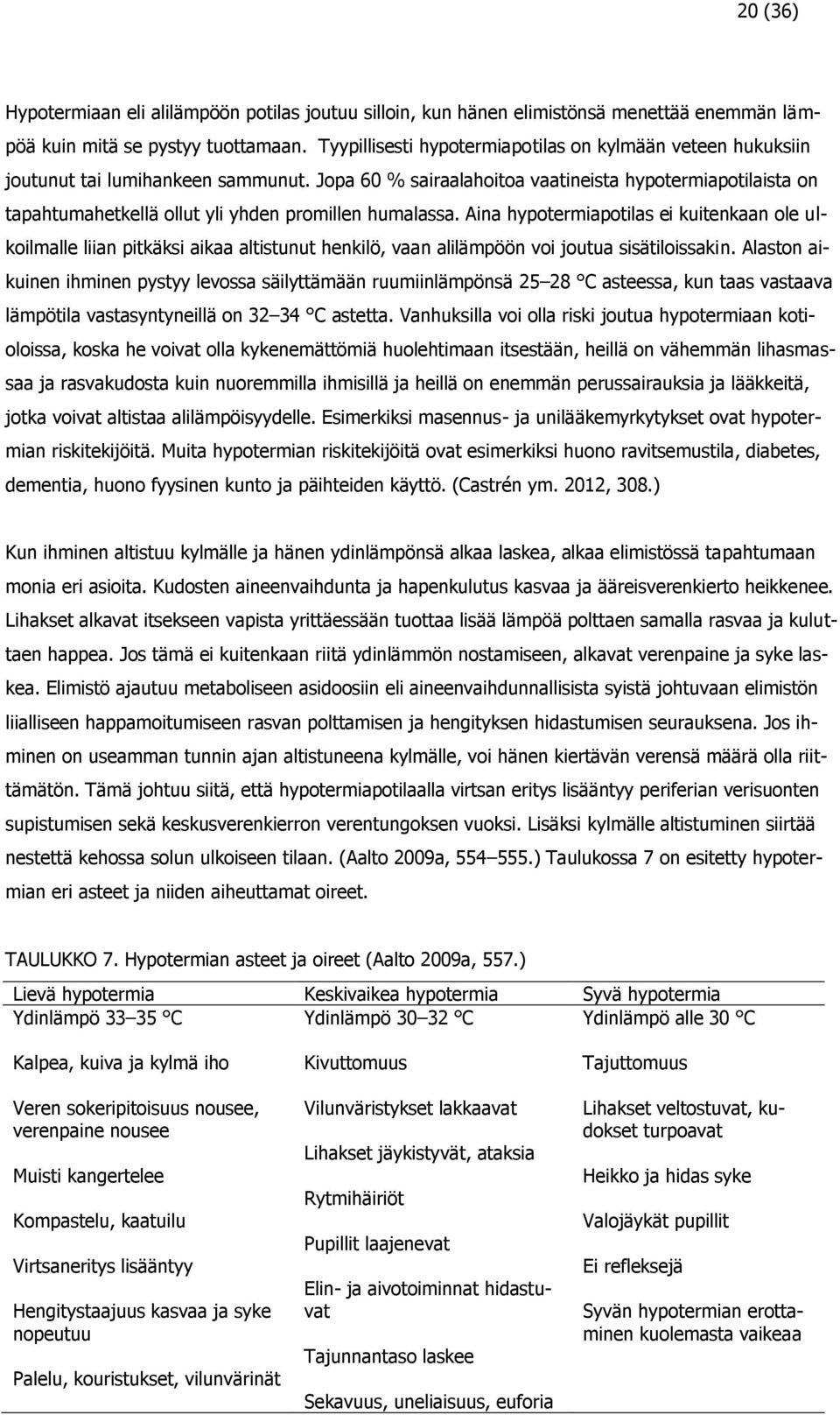 Jopa 60 % sairaalahoitoa vaatineista hypotermiapotilaista on tapahtumahetkellä ollut yli yhden promillen humalassa.