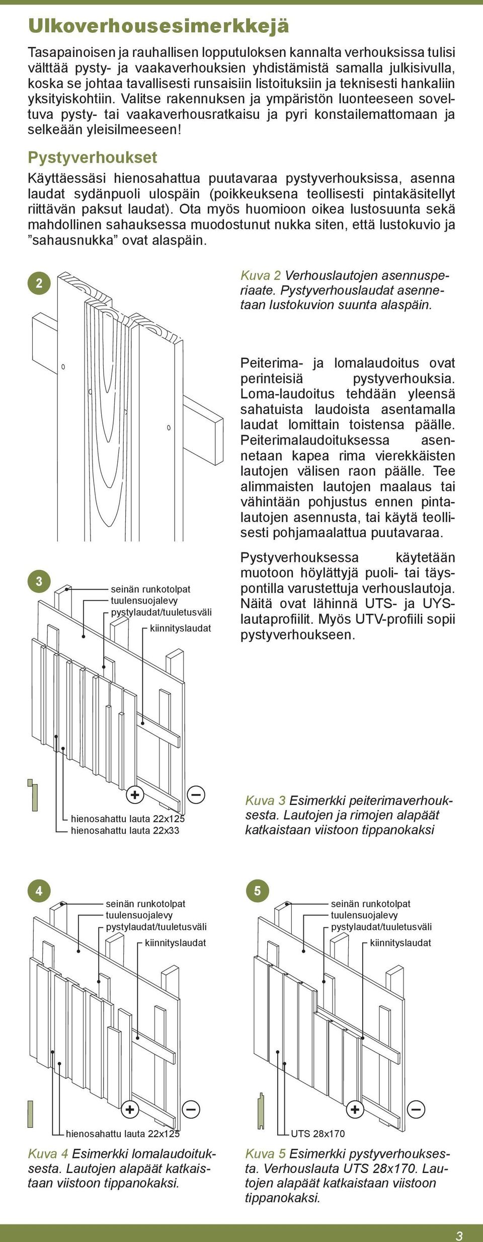 Valitse rakennuksen ja ympäristön luonteeseen soveltuva pysty- tai vaakaverhousratkaisu ja pyri konstailemattomaan ja selkeään yleisilmeeseen!