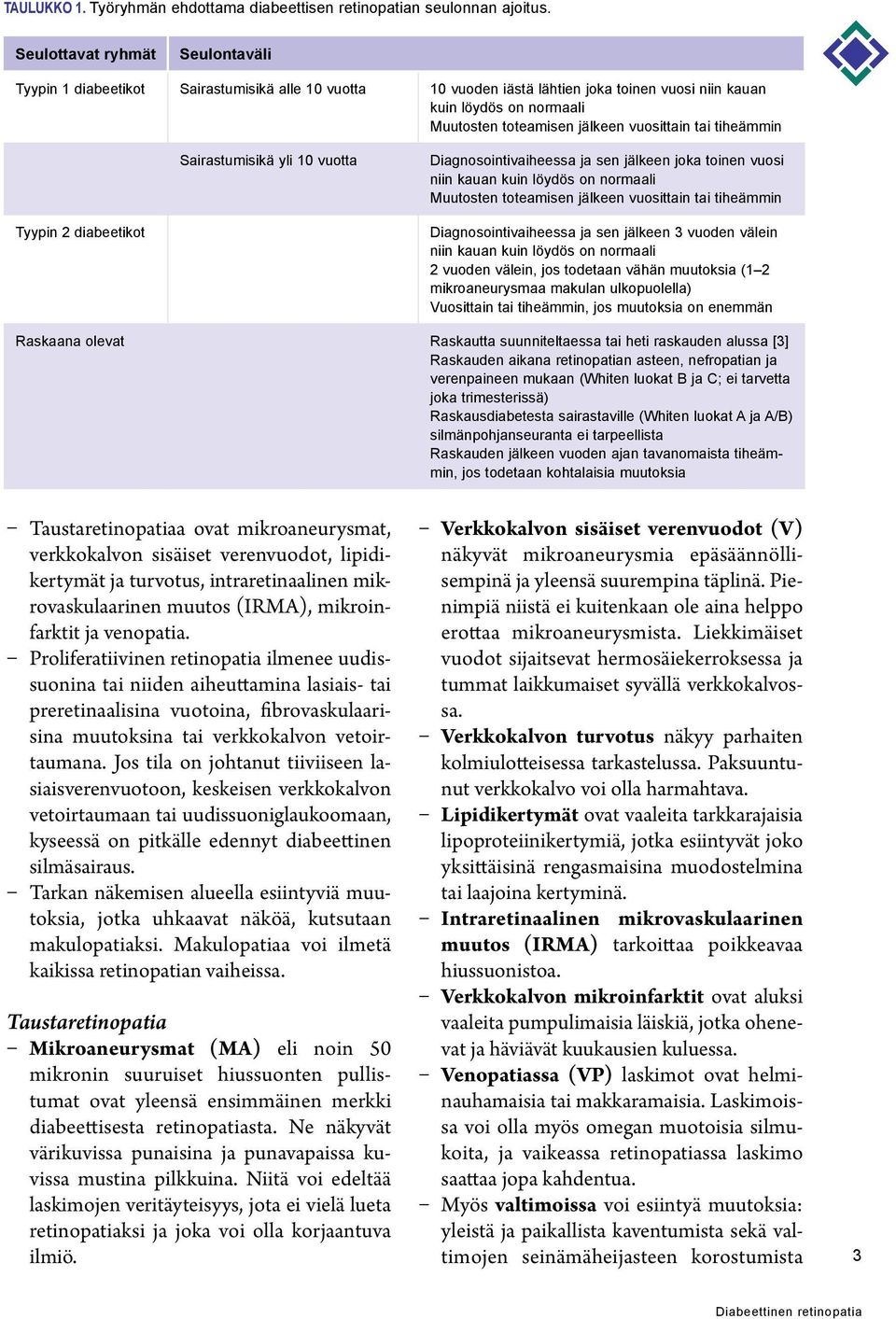 tai tiheämmin Sairastumisikä yli 10 vuotta Diagnosointivaiheessa ja sen jälkeen joka toinen vuosi niin kauan kuin löydös on normaali Muutosten toteamisen jälkeen vuosittain tai tiheämmin Tyypin 2