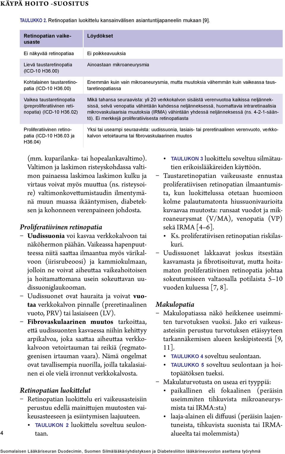 04) Löydökset Ei poikkeavuuksia Ainoastaan mikroaneurysmia Enemmän kuin vain mikroaneurysmia, mutta muutoksia vähemmän kuin vaikeassa taustaretinopatiassa Mikä tahansa seuraavista: yli 20
