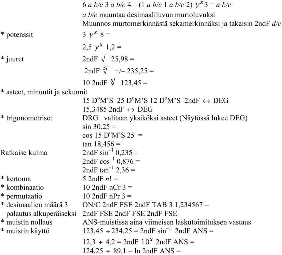 cos 15 D o M S 25 = tan 18,456 = Ratkaise kulma 2ndF sin 1 0,235 = 2ndF cos 1 0,876 = 2ndF tan 1 2,36 = * kertoma 5 2ndF n!