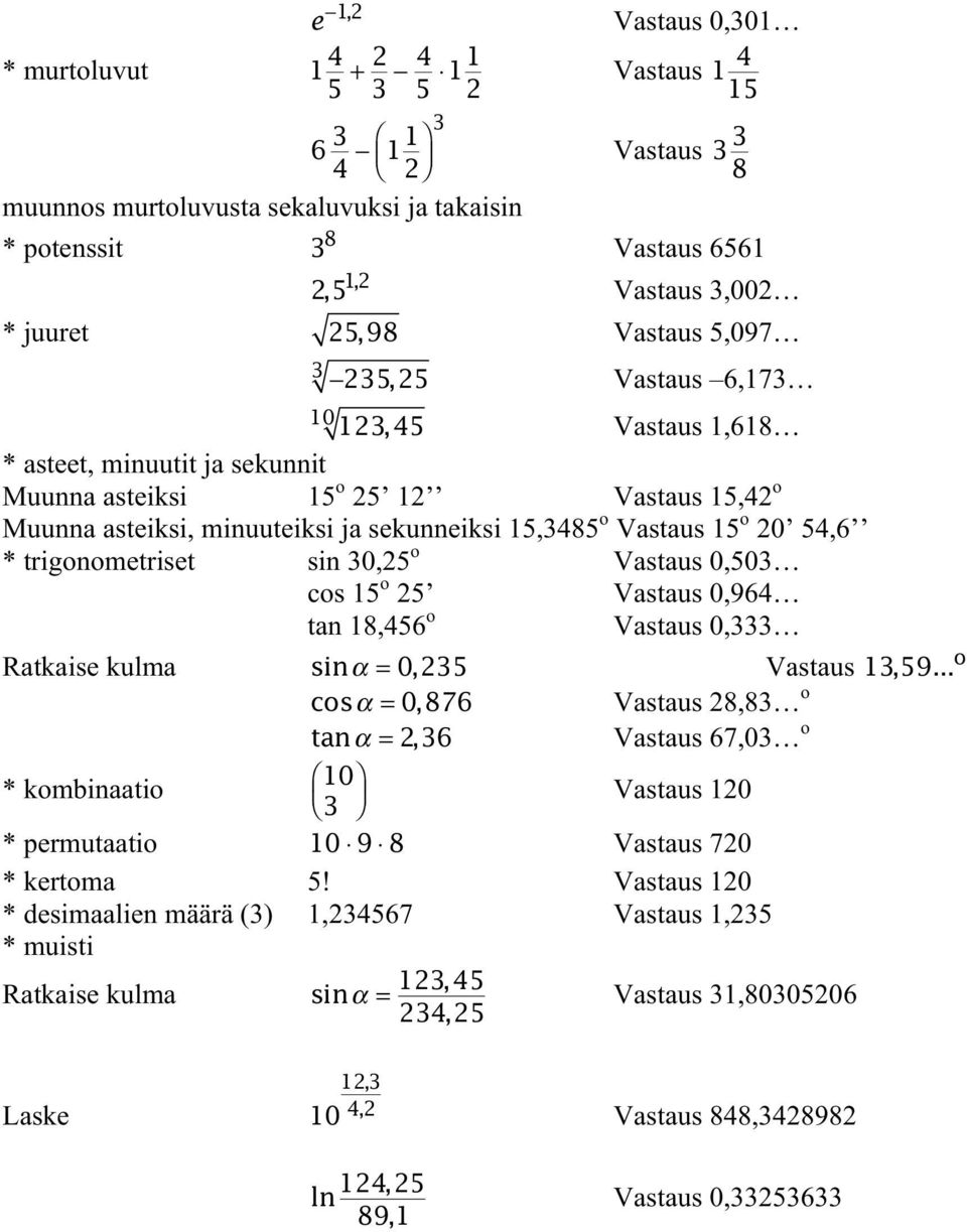 trigonometriset sin 30,25 o Vastaus 0,503 cos 15 o 25 Vastaus 0,964 tan 18,456 o Vastaus 0,333 Ratkaise kulma sin α = 0, 235 Vastaus 13, 59.