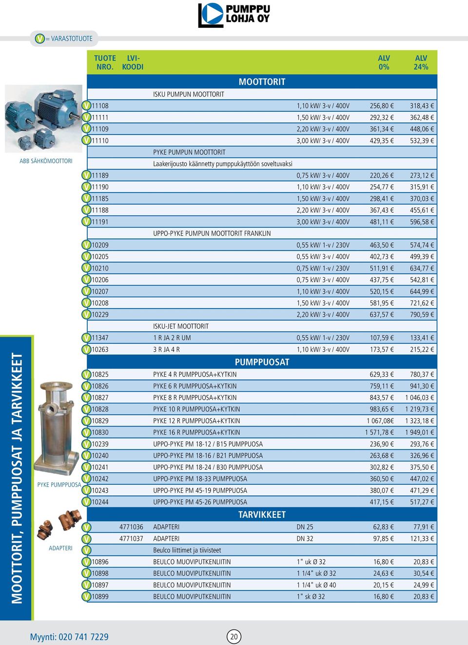 1,10 kw/ 3-v / 400V 254,77 315,91 11185 1,50 kw/ 3-v / 400V 298,41 370,03 11188 2,20 kw/ 3-v / 400V 367,43 455,61 11191 3,00 kw/ 3-v / 400V 481,11 596,58 UPPO-PYKE PUMPUN MOOTTORIT FRANKLIN 10209