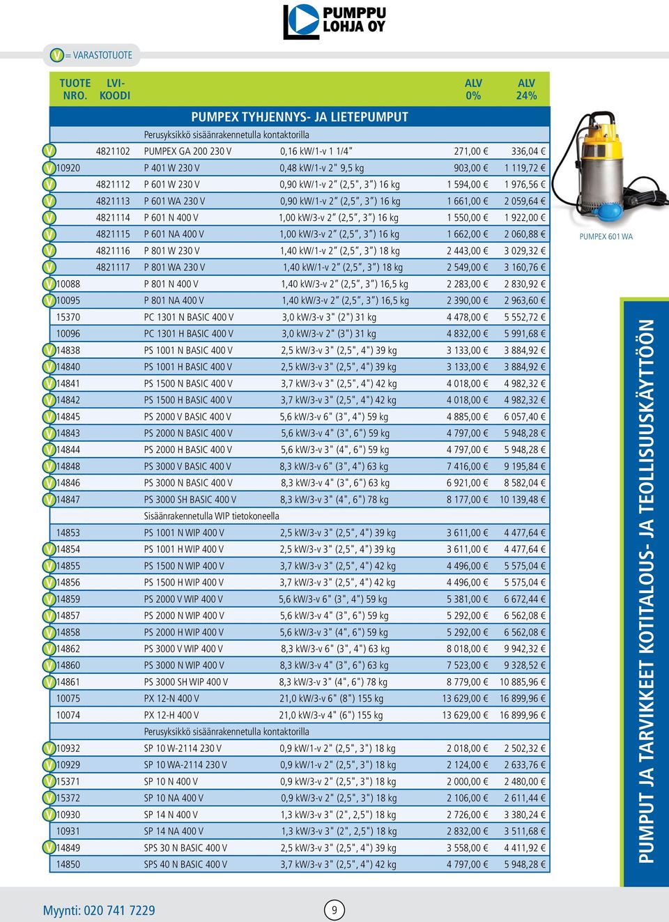 kg 1 550,00 1 922,00 4821115 P 601 NA 400 V 1,00 kw/3-v 2 (2,5, 3 ) 16 kg 1 662,00 2 060,88 PUMPEX 601 WA 4821116 P 801 W 230 V 1,40 kw/1-v 2 (2,5, 3 ) 18 kg 2 443,00 3 029,32 4821117 P 801 WA 230 V
