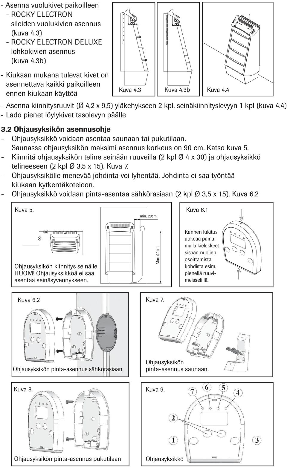 4 - Asenna kiinnitysruuvit (Ø 4,2 x 9,5) yläkehykseen 2 kpl, seinäkiinnityslevyyn 1 kpl (kuva 4.4) - Lado pienet löylykivet tasolevyn päälle 3.