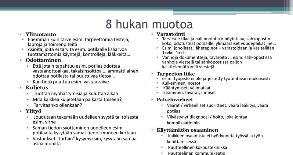 potilas odottaa vastaanottoaikaa, takaisinsoittoa ammattilainen odottaa potilasta tai puuttuvaa tietoa Kun tieto puuttuu esim.