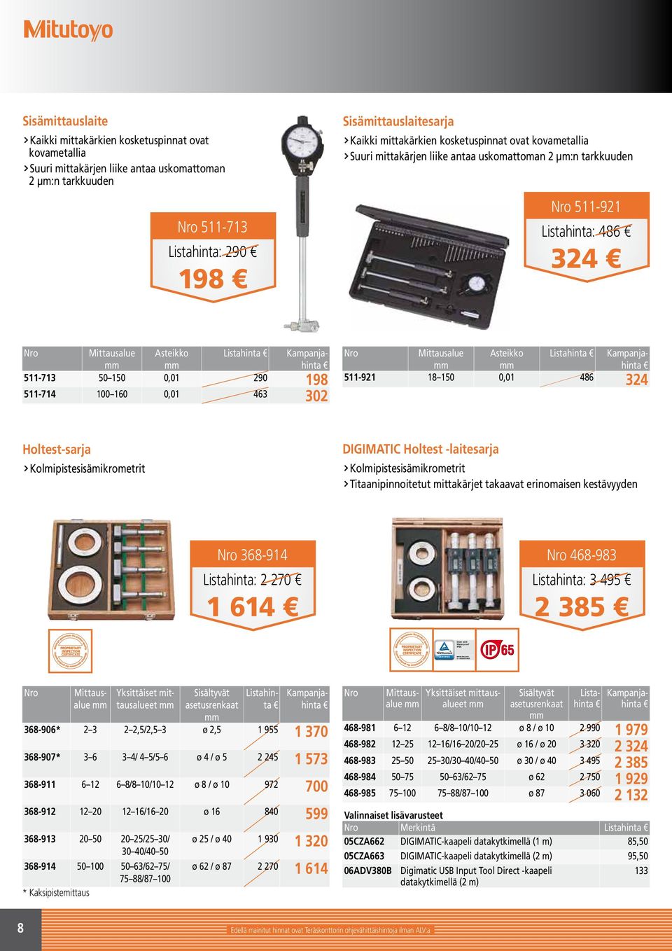 0,01 463 302 Asteikko Listahinta Kampanja hinta 511-921 18 150 0,01 486 324 Holtest-sarja Kolmipistesisämikrometrit DIGIMATIC Holtest -laitesarja Kolmipistesisämikrometrit Titaanipinnoitetut