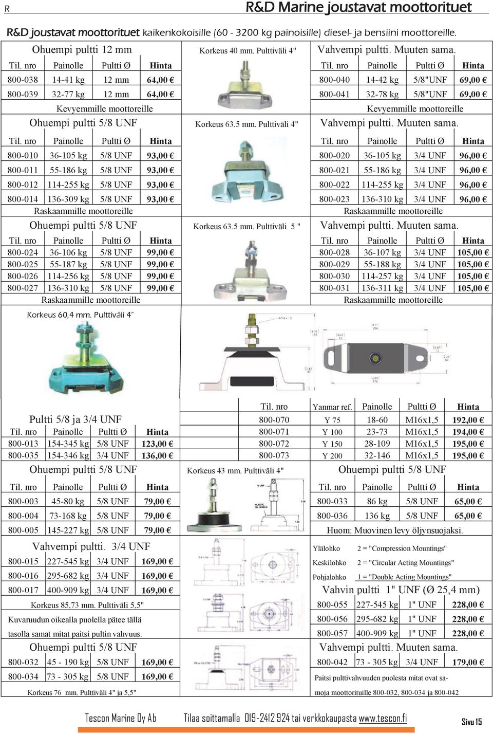 nro Painolle Pultti Ø Hinta 800-038 14-41 kg 12 mm 64,00 800-040 14-42 kg 5/8"UNF 69,00 800-039 32-77 kg 12 mm 64,00 800-041 32-78 kg 5/8"UNF 69,00 Kevyemmille moottoreille Kevyemmille moottoreille