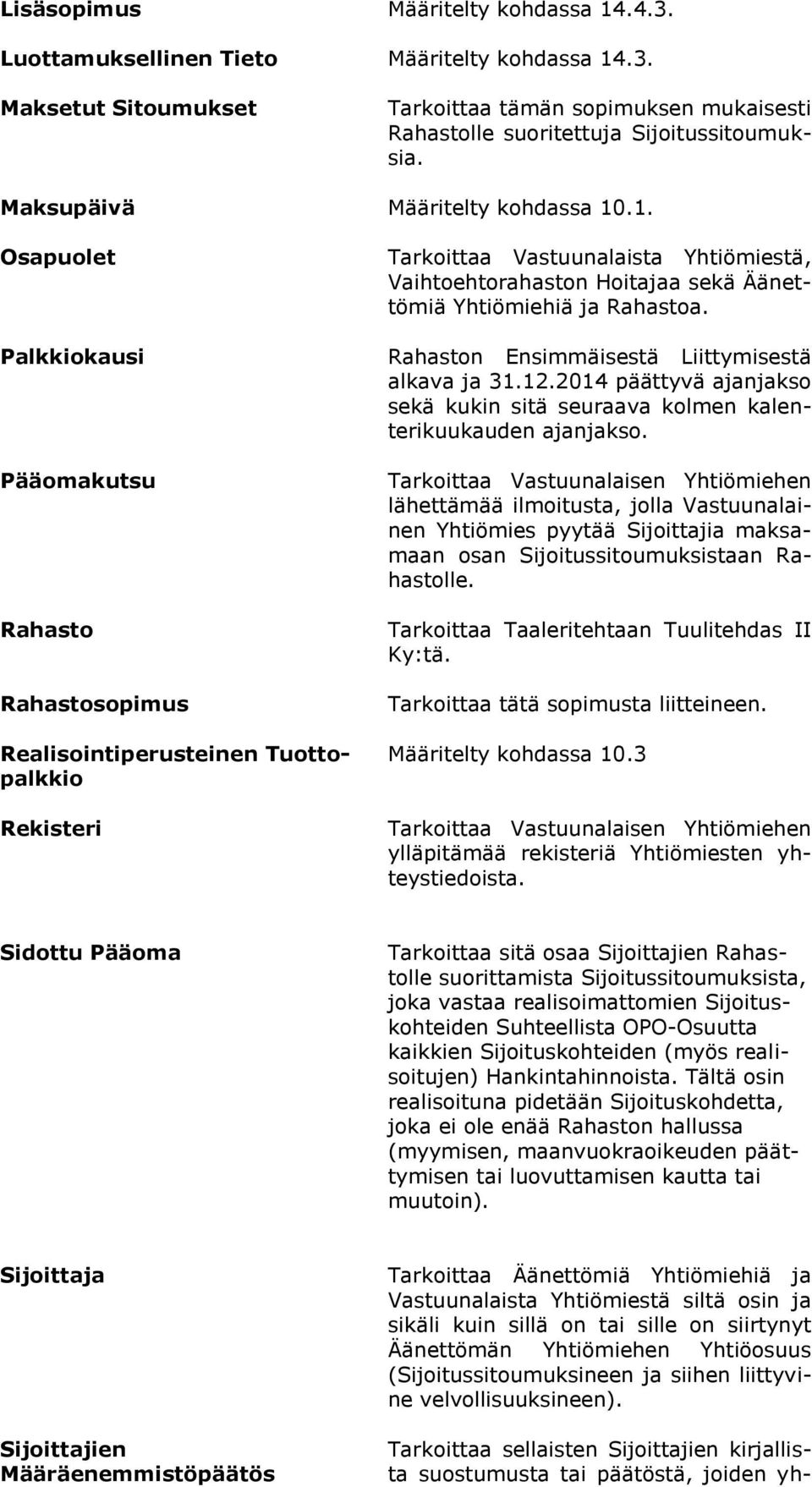 .1. Osapuolet Palkkiokausi Pääomakutsu Rahasto Rahastosopimus Realisointiperusteinen Tuottopalkkio Rekisteri Tarkoittaa Vastuunalaista Yhtiömiestä, Vaihtoehtorahaston Hoitajaa sekä Äänettömiä