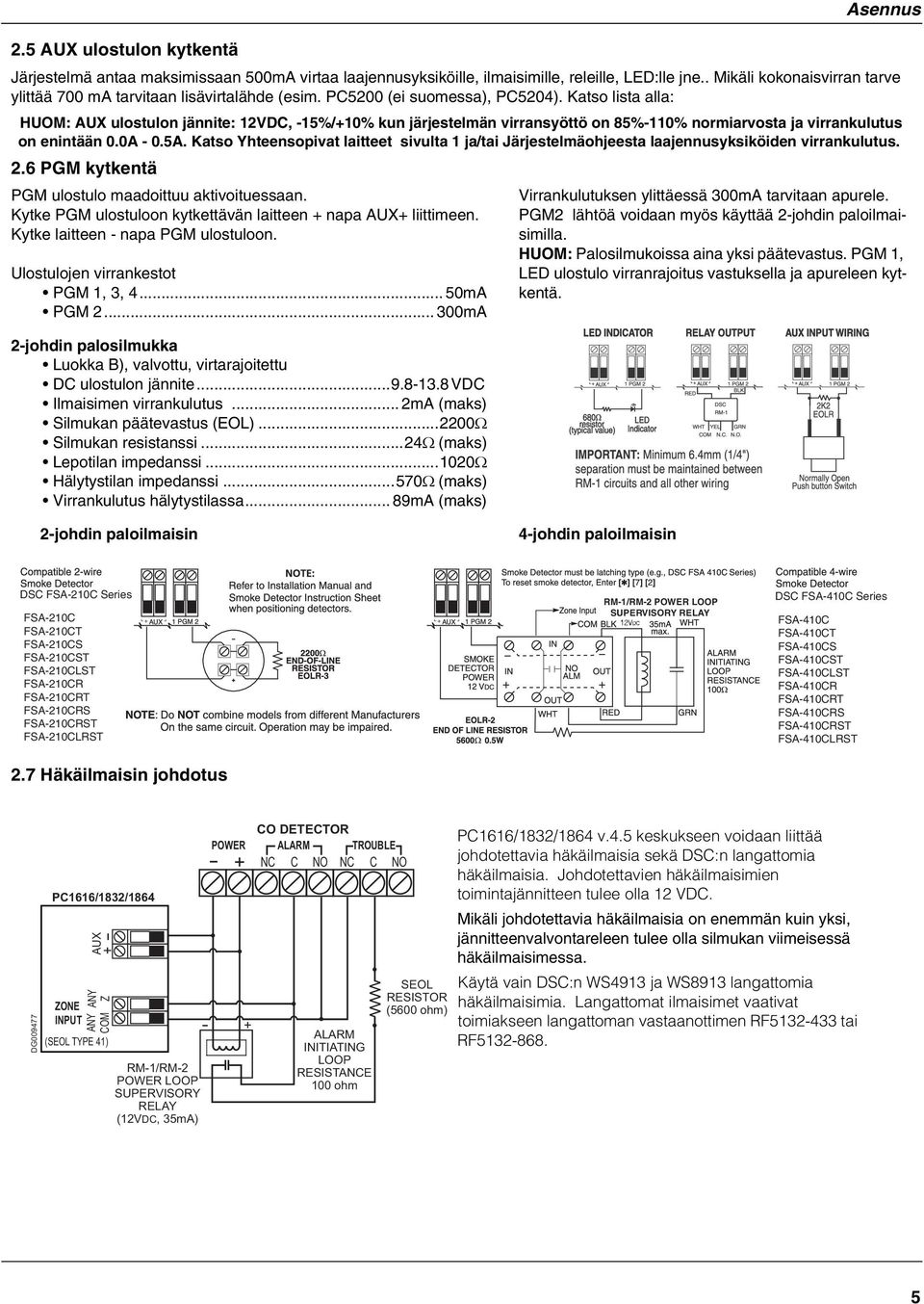 Katso lista alla: HUOM: AUX ulostulon jännite: 12VDC, -15%/+10% kun järjestelmän virransyöttö on 85%-110% normiarvosta ja virrankulutus on enintään 0.0A - 0.5A.