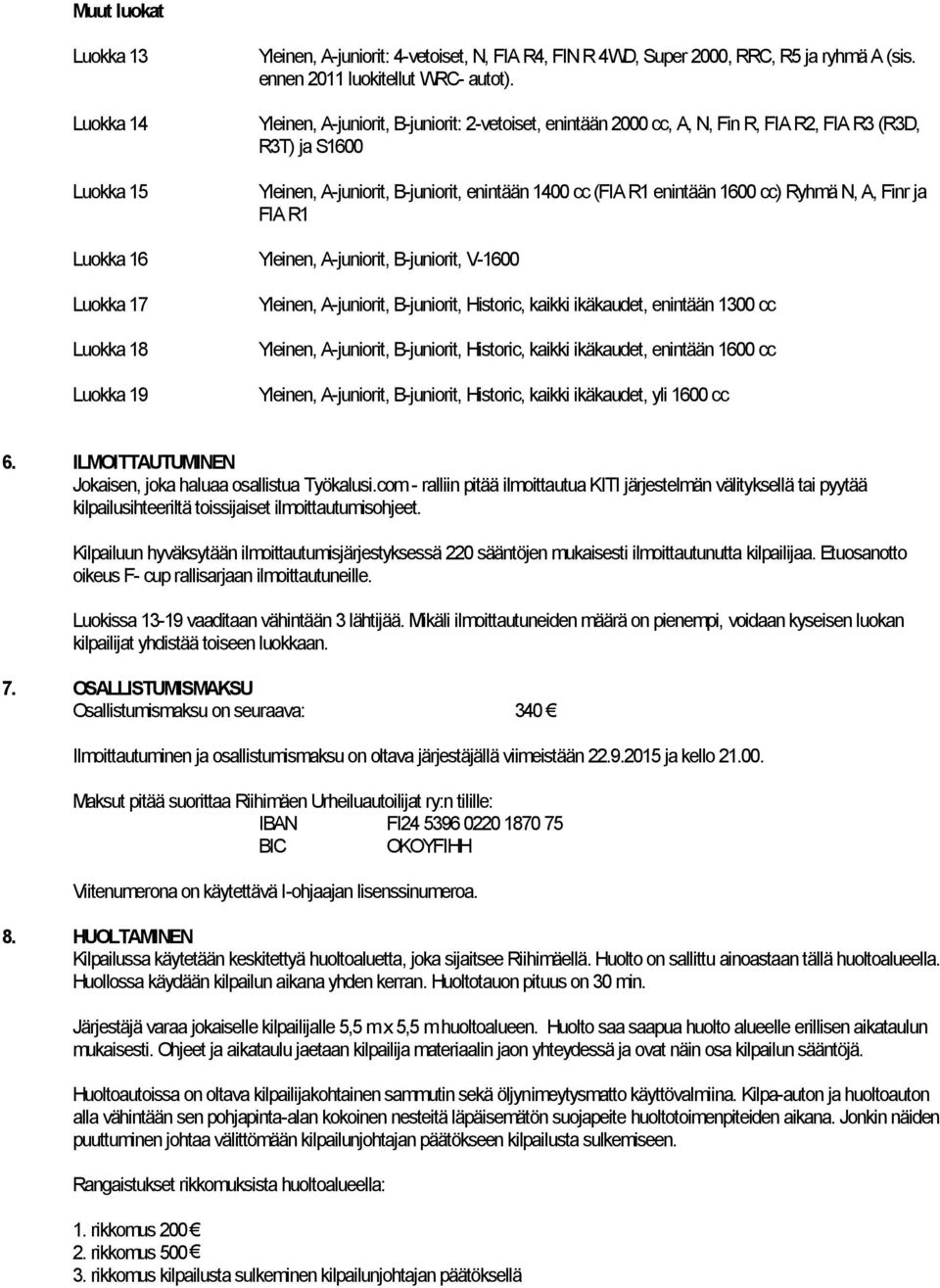 Finr ja FIA R1 Luokka 16 Yleinen, A-juniorit, B-juniorit, V-1600 Luokka 17 Luokka 18 Luokka 19 Yleinen, A-juniorit, B-juniorit, Historic, kaikki ikäkaudet, enintään 1300 cc Yleinen, A-juniorit,
