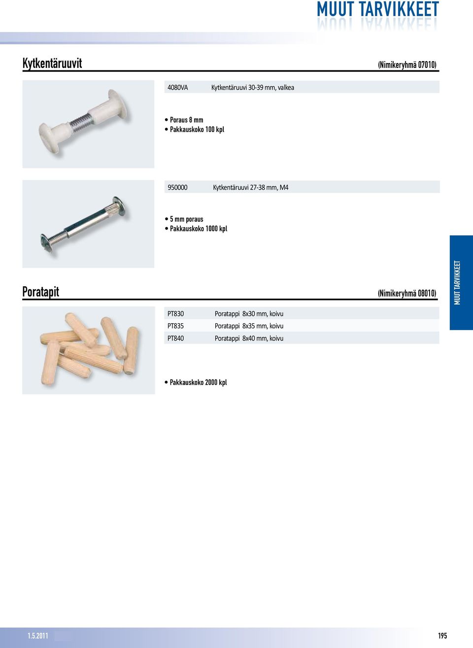 Pakkauskoko 1000 kpl Poratapit (Nimikeryhmä 08010) PT830 Poratappi 8x30 mm, koivu PT835