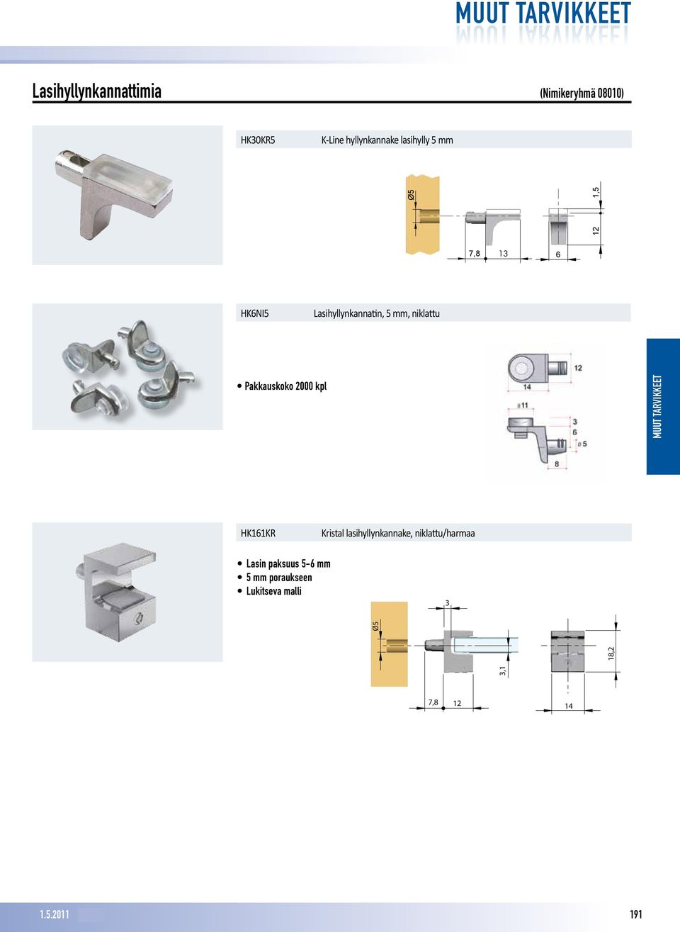 niklattu Pakkauskoko 2000 kpl HK161KR Kristal lasihyllynkannake, niklattu/harmaa