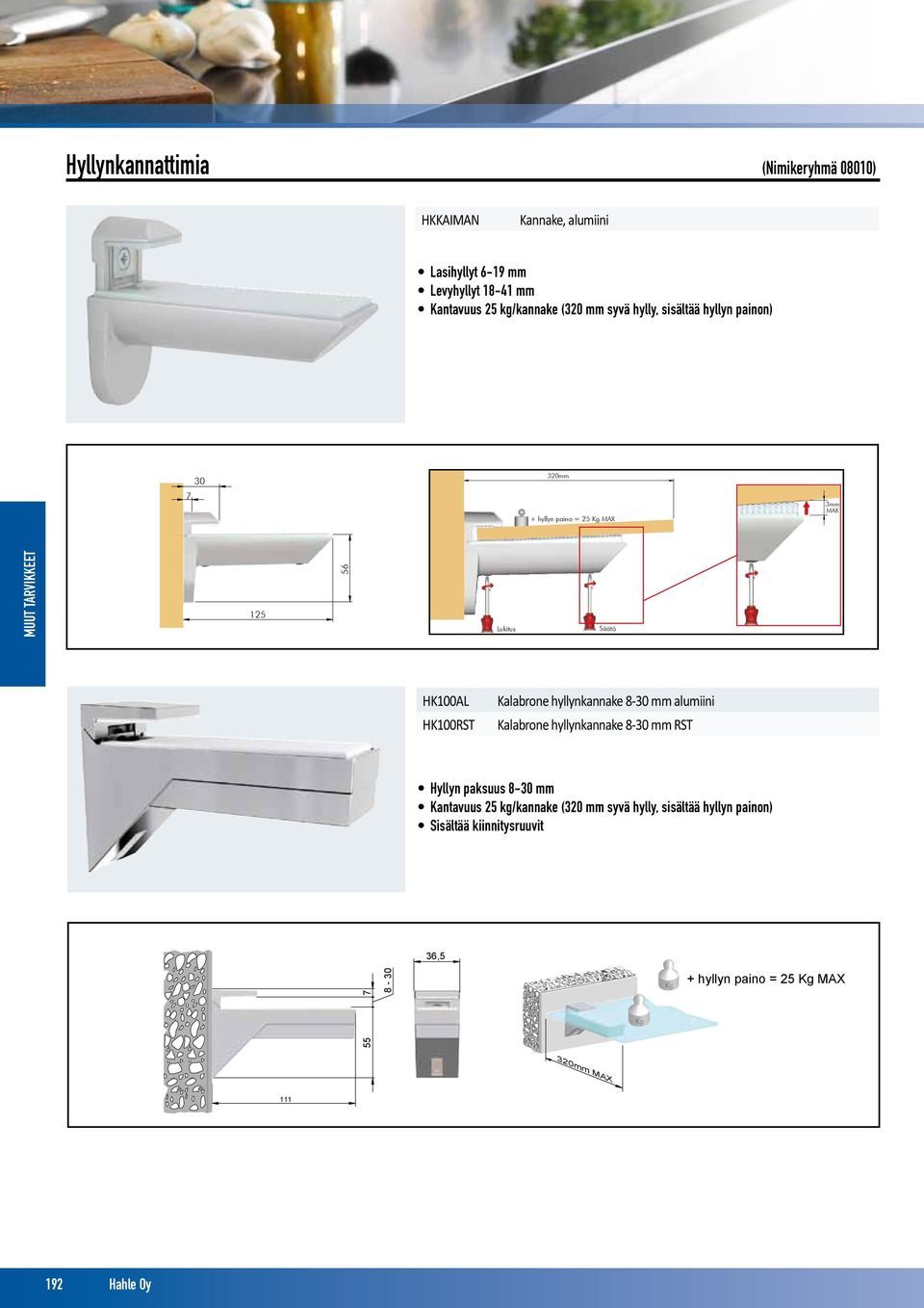 mm alumiini Kalabrone hyllynkannake 8-30 mm RST 55 7 8-30 Hyllyn paksuus 8-30 mm 36,5 Kantavuus 25 kg/kannake (320 mm syvä hylly, sisältää hyllyn painon)