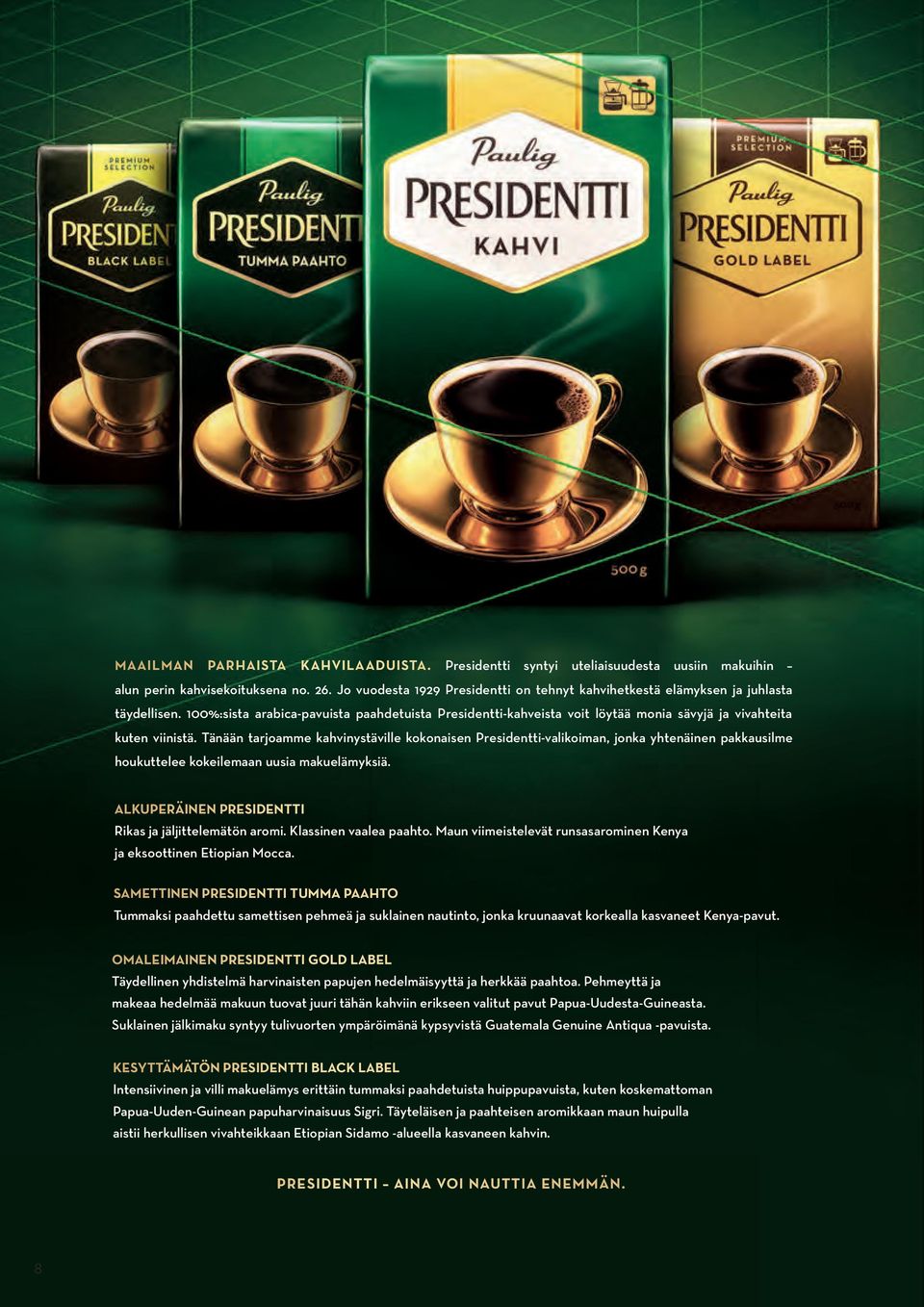 100%:sista arabica-pavuista paahdetuista Presidentti-kahveista voit löytää monia sävyjä ja vivahteita kuten viinistä.