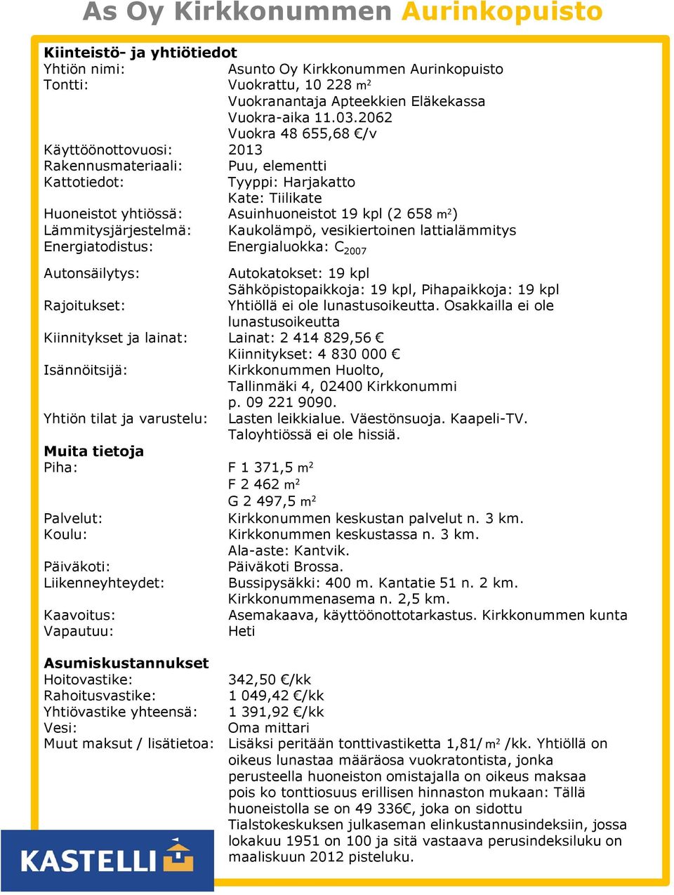 Lämmitysjärjestelmä: Kaukolämpö, vesikiertoinen lattialämmitys Energiatodistus: Energialuokka: C 2007 Autonsäilytys: Autokatokset: 19 kpl Sähköpistopaikkoja: 19 kpl, Pihapaikkoja: 19 kpl Rajoitukset: