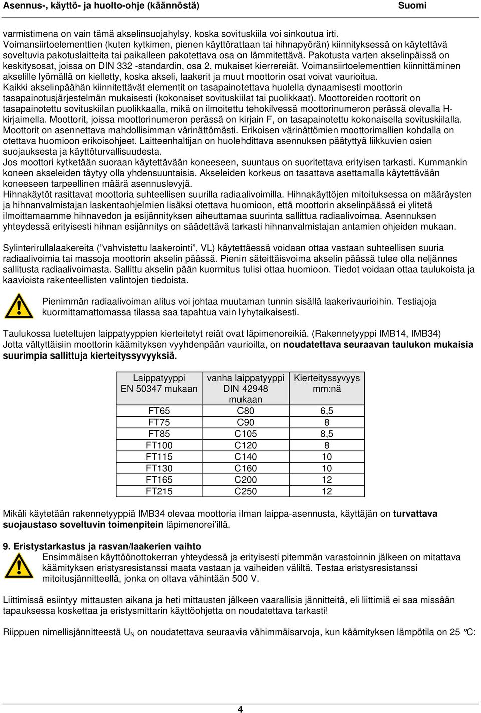 Pakotusta varten akselinpäissä on keskitysosat, joissa on DIN 332 -standardin, osa 2, mukaiset kierrereiät.