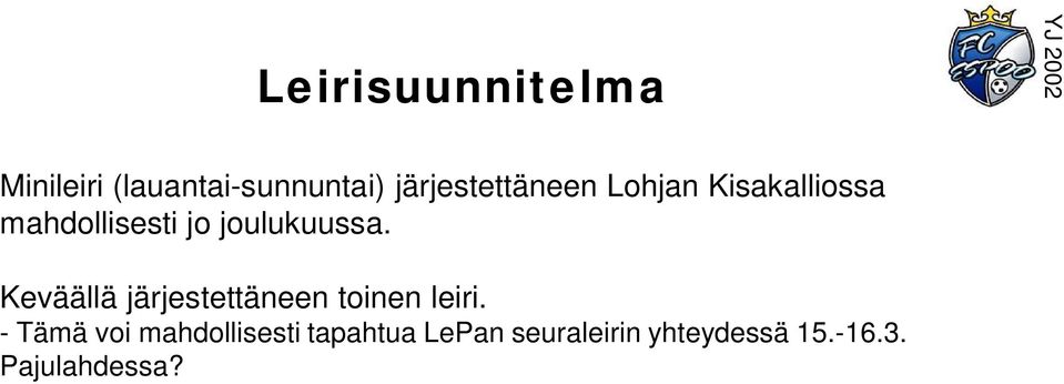 joulukuussa. Keväällä järjestettäneen toinen leiri.