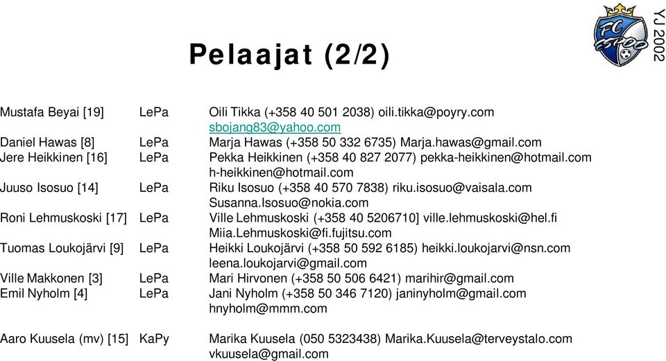 com Susanna.Isosuo@nokia.com Roni Lehmuskoski [17] LePa Ville Lehmuskoski (+358 40 5206710] ville.lehmuskoski@hel.fi Miia.Lehmuskoski@fi.fujitsu.