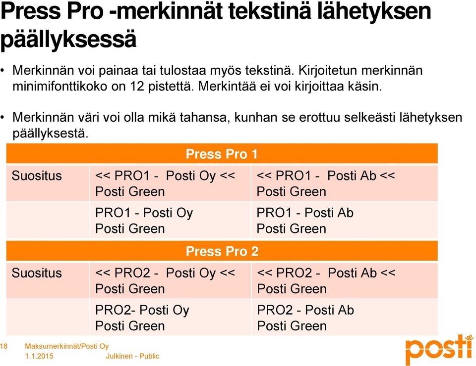 Merkinnän väri voi olla mikä tahansa, kunhan se erottuu selkeästi lähetyksen päällyksestä.