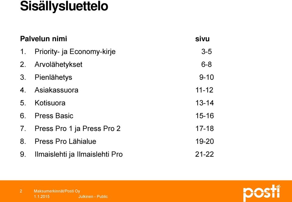 Pienlähetys 9-10 4. Asiakassuora 11-12 5. Kotisuora 13-14 6.