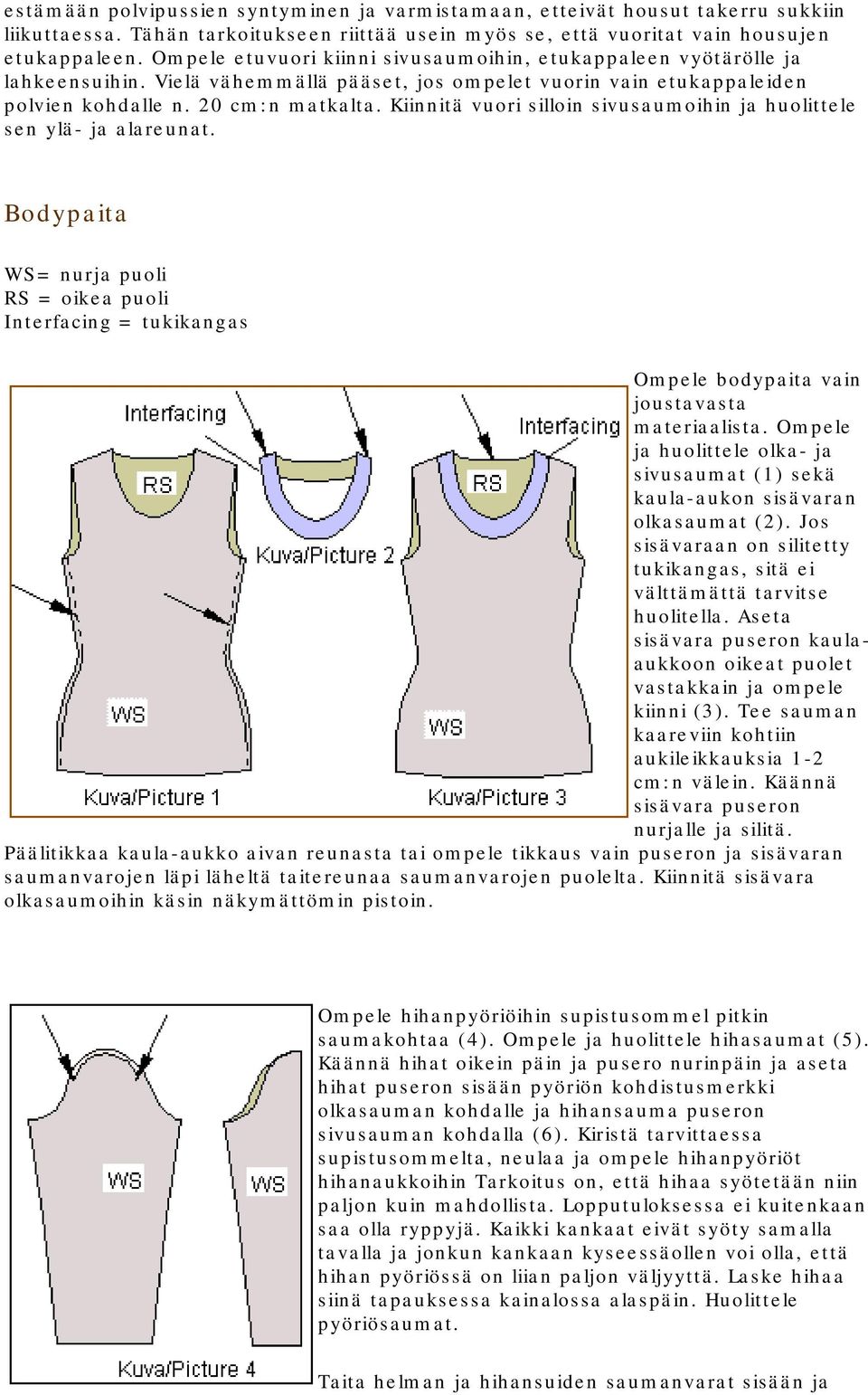 Kiinnitä vuori silloin sivusaumoihin ja huolittele sen ylä- ja alareunat. Bodypaita WS= nurja puoli RS = oikea puoli Interfacing = tukikangas Ompele bodypaita vain joustavasta materiaalista.