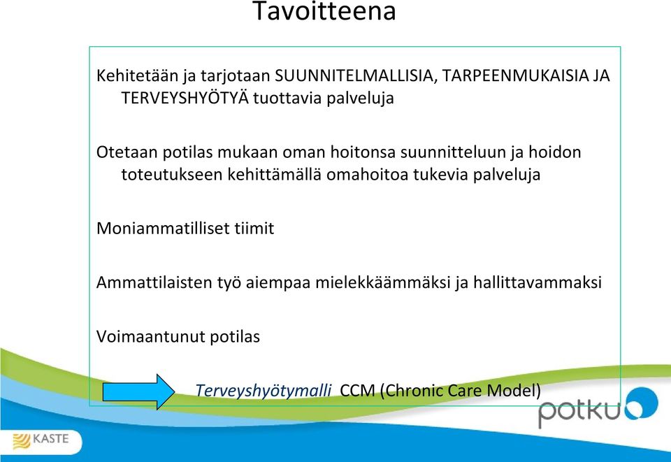 kehittämällä omahoitoa tukevia palveluja Moniammatilliset tiimit Ammattilaisten työ aiempaa