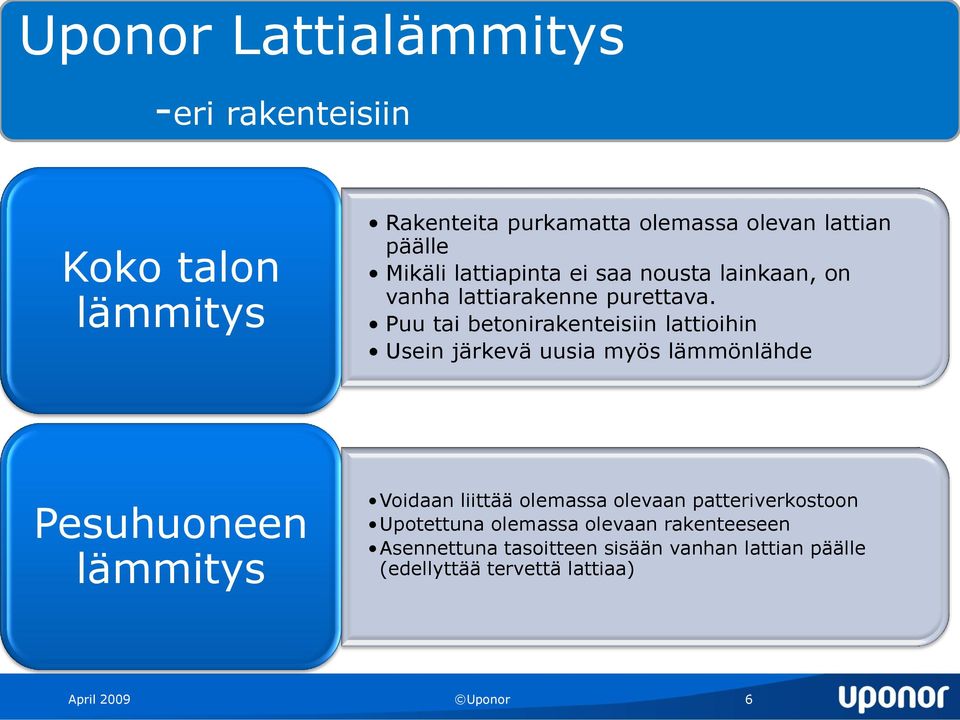 Puu tai betonirakenteisiin lattioihin Usein järkevä uusia myös lämmönlähde Pesuhuoneen lämmitys Voidaan liittää