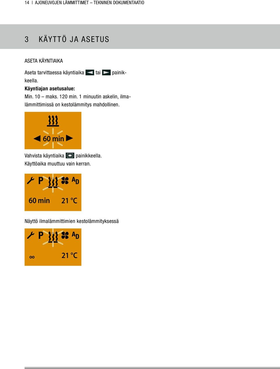 1 minuutin askelin, ilmalämmittimissä on kestolämmitys mahdollinen.