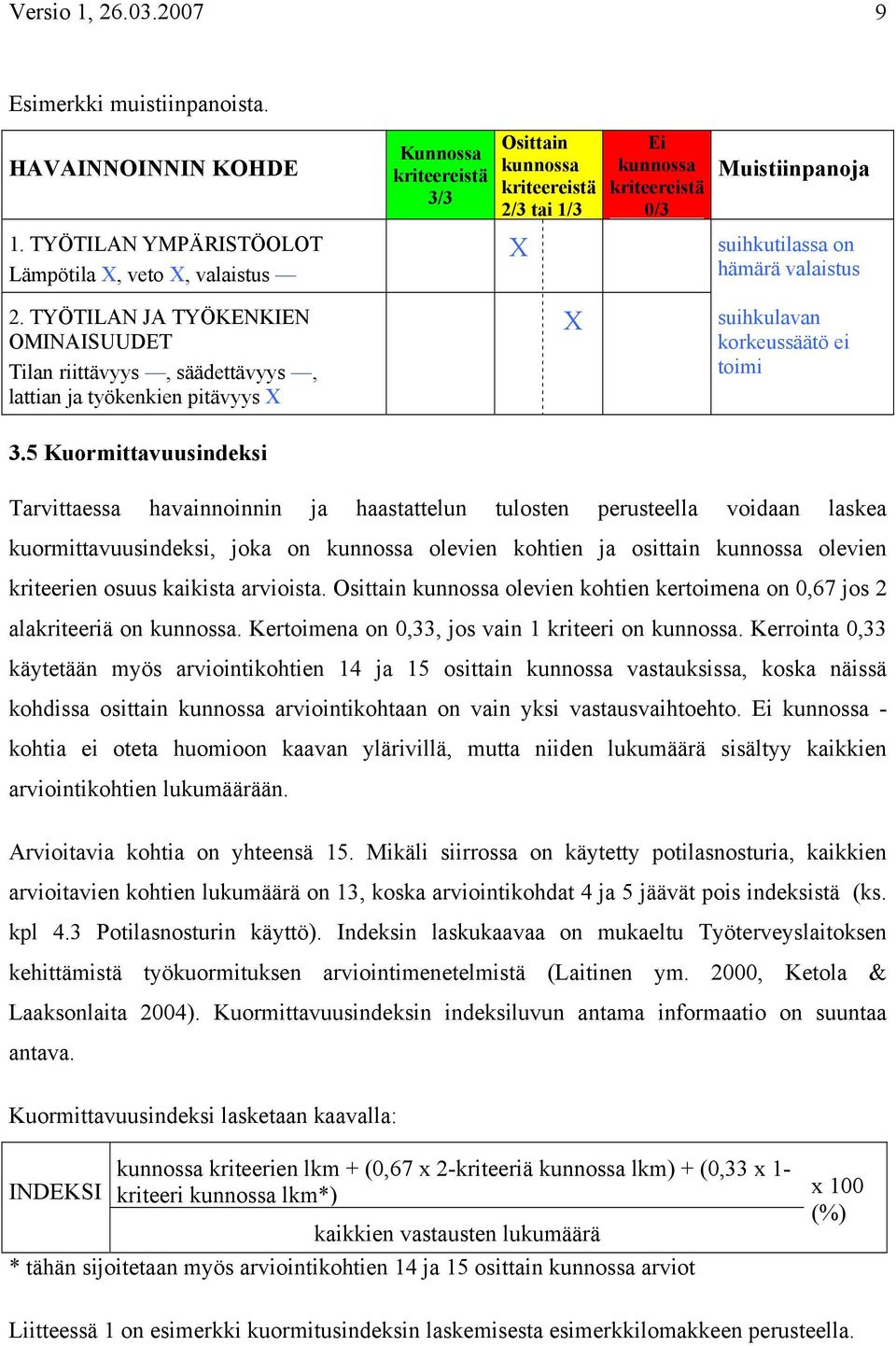 valaistus 2. TYÖTILAN JA TYÖKENKIEN OMINAISUUDET Tilan riittävyys, säädettävyys, lattian ja työkenkien pitävyys X X suihkulavan korkeussäätö ei toimi 3.