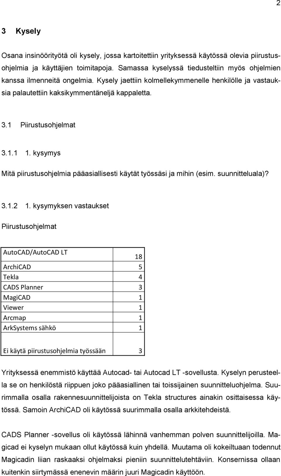 1 Piirustusohjelmat 3.1.1 1. kysymys Mitä piirustusohjelmia pääasiallisesti käytät työssäsi ja mihin (esim. suunnitteluala)? 3.1.2 1.