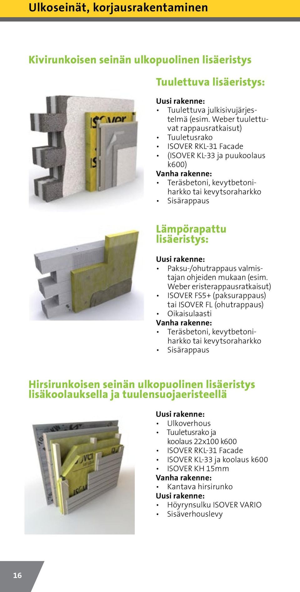 lisäeristys: Uusi rakenne: Paksu-/ohutrappaus valmistajan ohjeiden mukaan (esim.