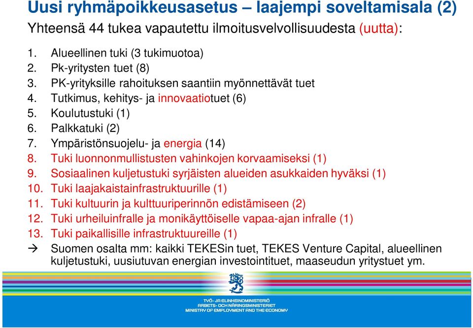 Tuki luonnonmullistusten vahinkojen korvaamiseksi (1) 9. Sosiaalinen kuljetustuki syrjäisten alueiden asukkaiden hyväksi (1) 10. Tuki laajakaistainfrastruktuurille (1) 11.