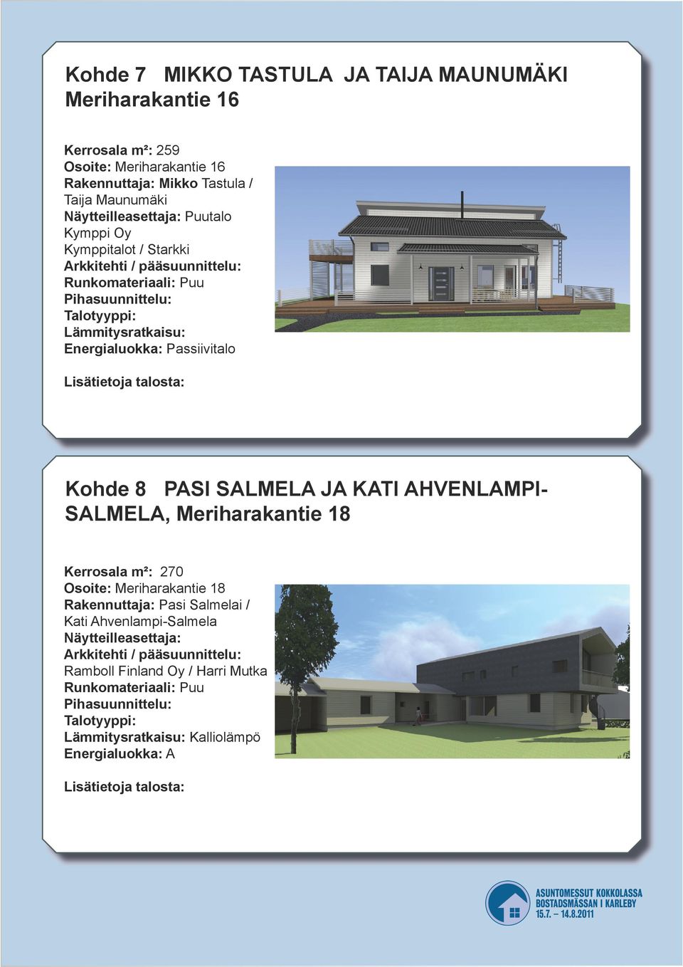 Passiivitalo Kohde 8 PASI SALMELA JA KATI AHVENLAMPI- SALMELA, Meriharakantie 18 Kerrosala m²: 270 Osoite: