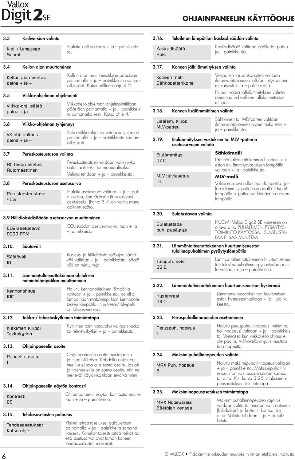 6 Viikko-ohjelman tyhjennys VK-ohj. nollaus paina + ja Kellon ajan muuttamistilaan päästään painamalla + ja painikkeesta samanaikaisesti. Katso erillinen ohje.2.