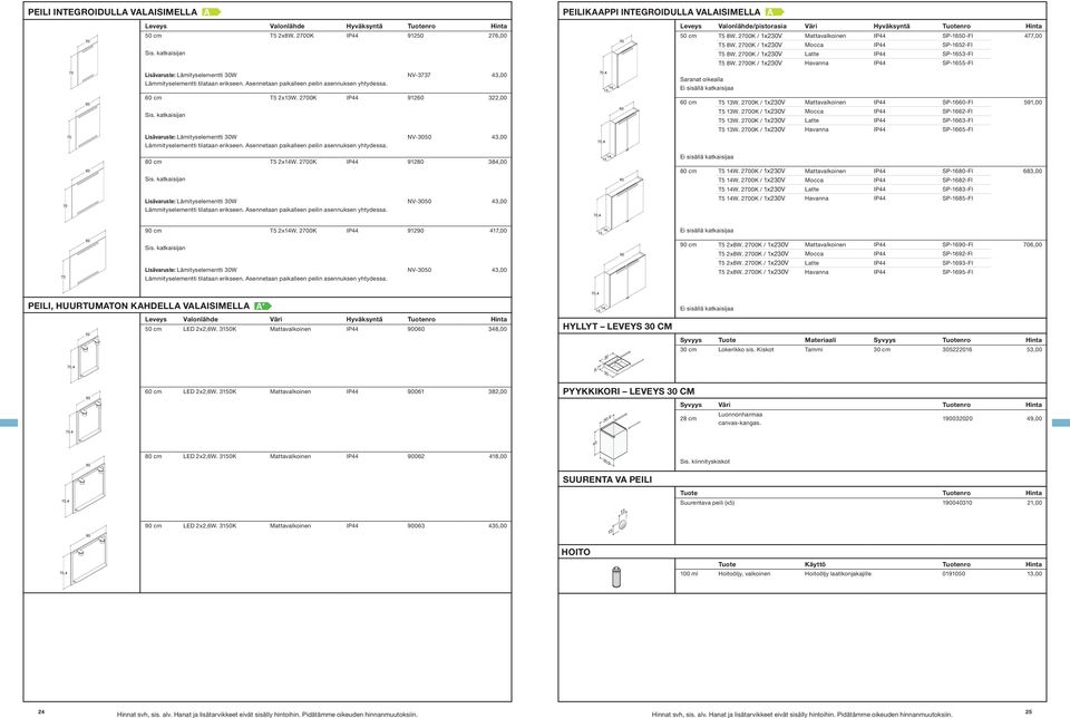 20K / 1x230V IP44 SP-1655-FI 60 Lisävaruste: Lämityselementti 30W Lämmityselementti tilataan erikseen. Asennetaan paikalleen peilin asennuksen yhtydessa. NV-3737 43,00 60 cm T5 2x13W.