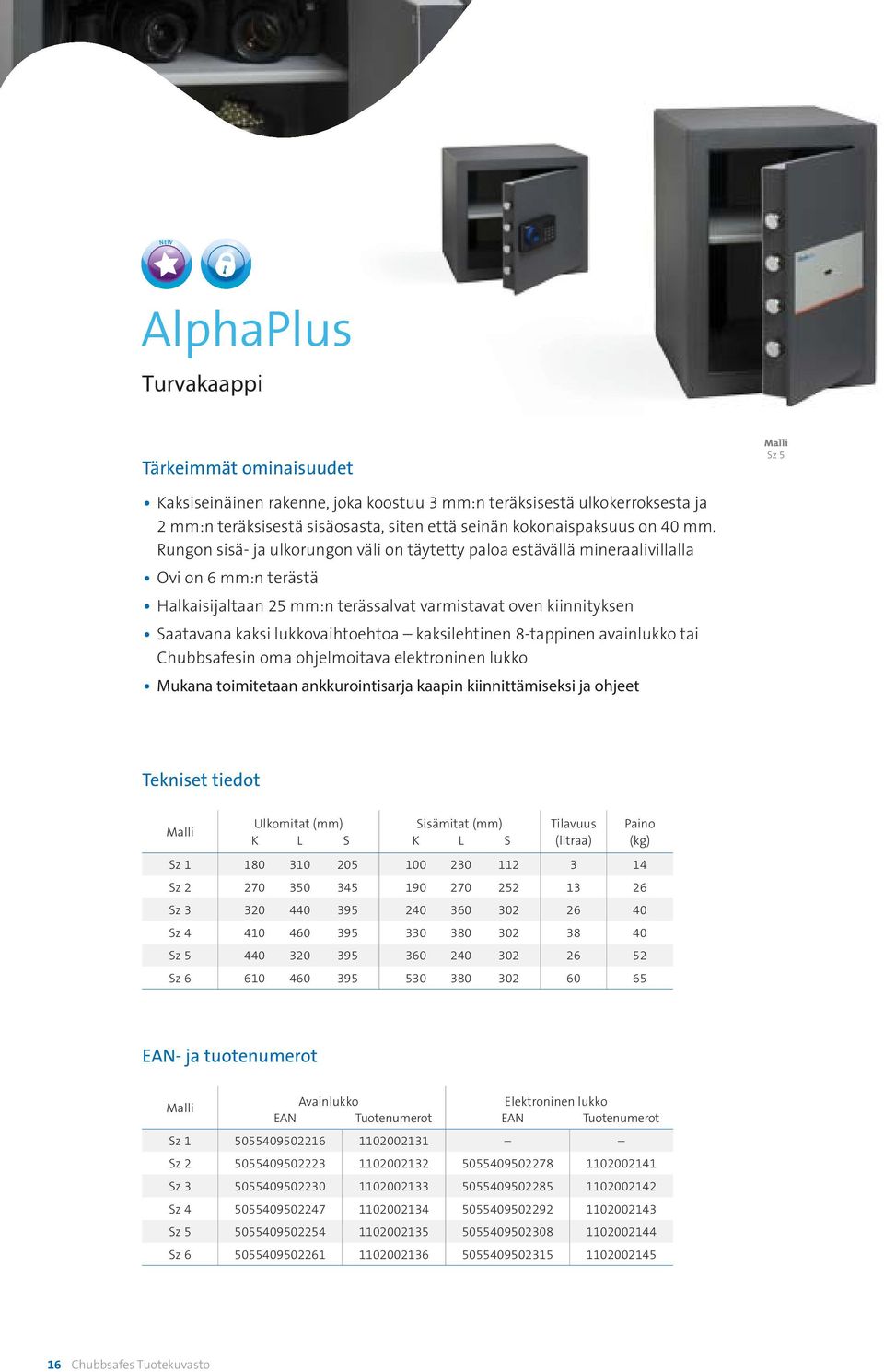 kaksilehtinen 8-tappinen avainlukko tai Chubbsafesin oma ohjelmoitava elektroninen lukko Tekniset tiedot Sisämitat (mm) Tilavuus (litraa) Paino (kg) Sz 1 180 310 205 100 230 112 3 14 Sz 2 270 350 345