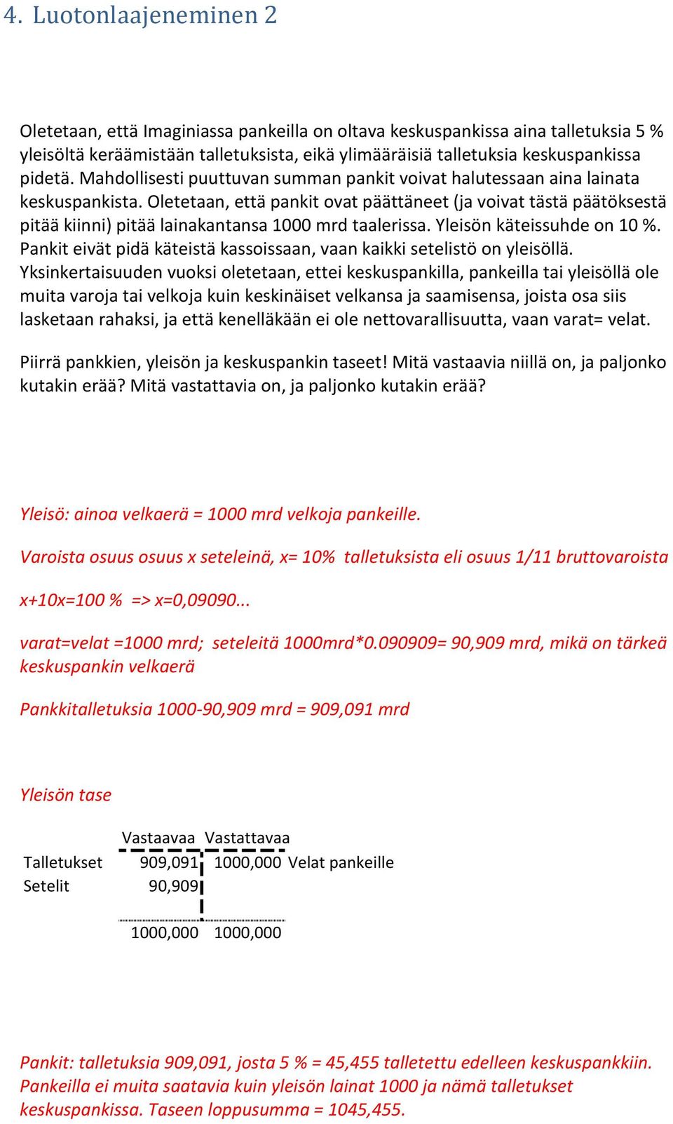 Oletetaan, että pankit ovat päättäneet (ja voivat tästä päätöksestä pitää kiinni) pitää lainakantansa 1000 mrd taalerissa. Yleisön käteissuhde on 10 %.