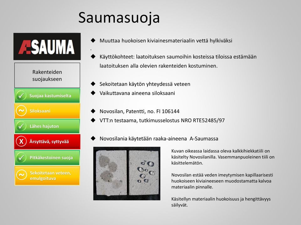 Sekoitetaan käytön yhteydessä veteen Vaikuttavana aineena siloksaani Novosilan, Patentti, no.