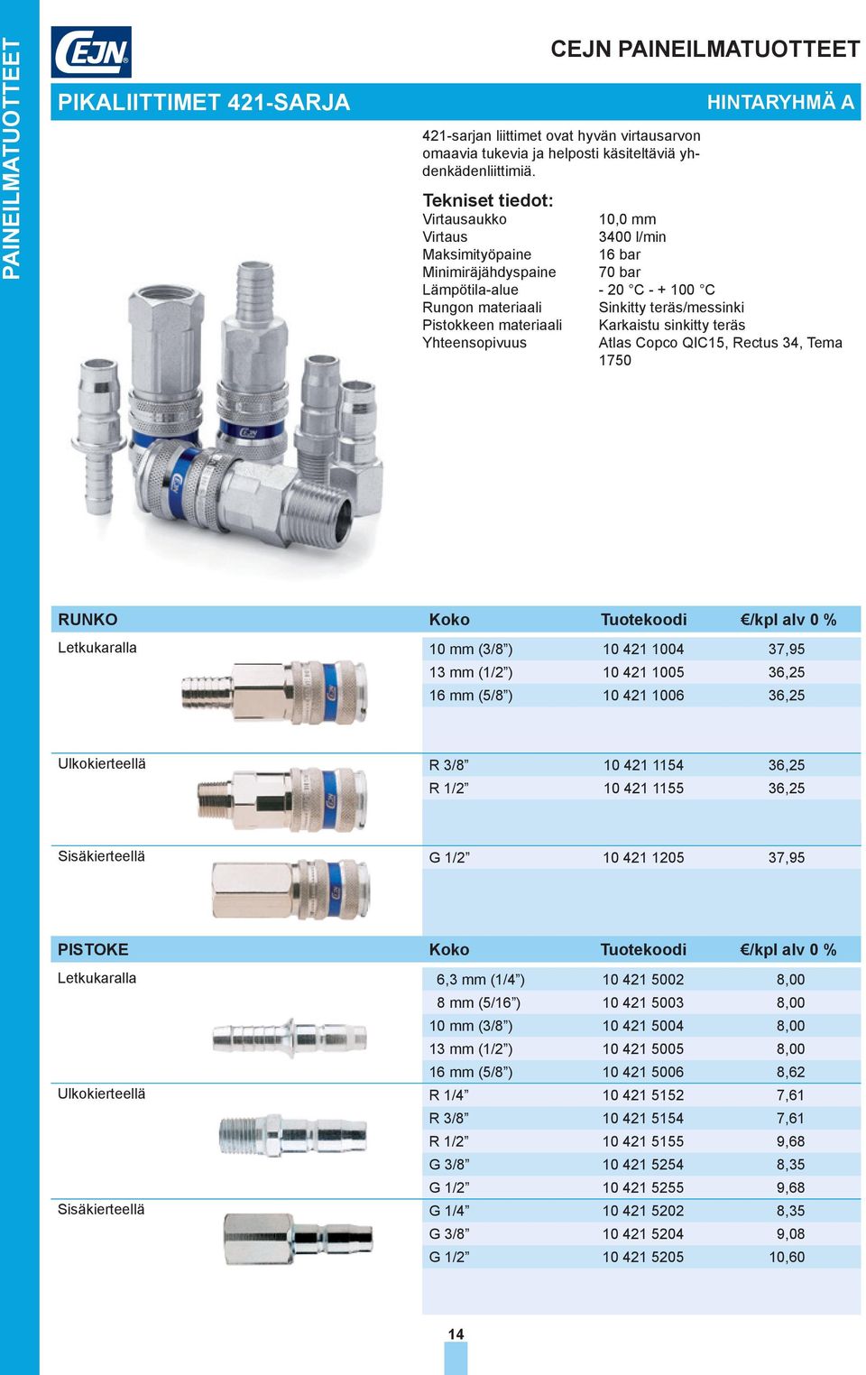 sinkitty teräs Yhteensopivuus Atlas Copco QIC15, Rectus 34, Tema 1750 RUNKO Koko Tuotekoodi /kpl alv 0 % Letkukaralla 10 mm (3/8 ) 10 421 1004 37,95 13 mm (1/2 ) 10 421 1005 36,25 16 mm (5/8 ) 10 421