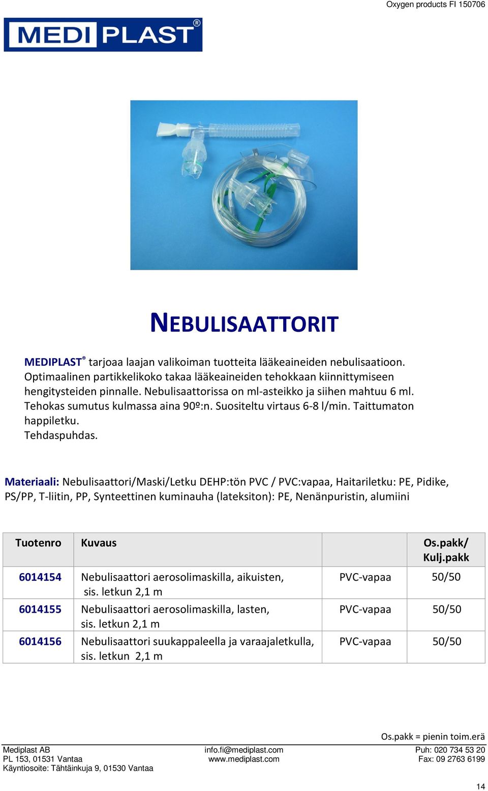 Materiaali: Nebulisaattori/Maski/Letku DEHP:tön PVC / PVC:vapaa, Haitariletku: PE, Pidike, PS/PP, T-liitin, PP, Synteettinen kuminauha (lateksiton): PE, Nenänpuristin, alumiini 6014154