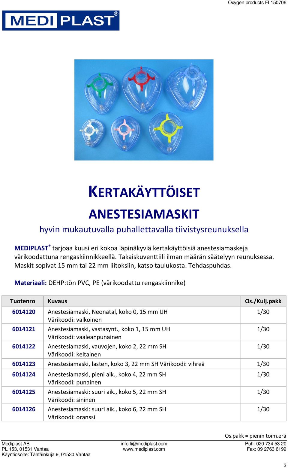 Materiaali: DEHP:tön PVC, PE (värikoodattu rengaskiinnike) Tuotenro Kuvaus Os./ 6014120 Anestesiamaski, Neonatal, koko 0, 15 mm UH Värikoodi: valkoinen 6014121 Anestesiamaski, vastasynt.