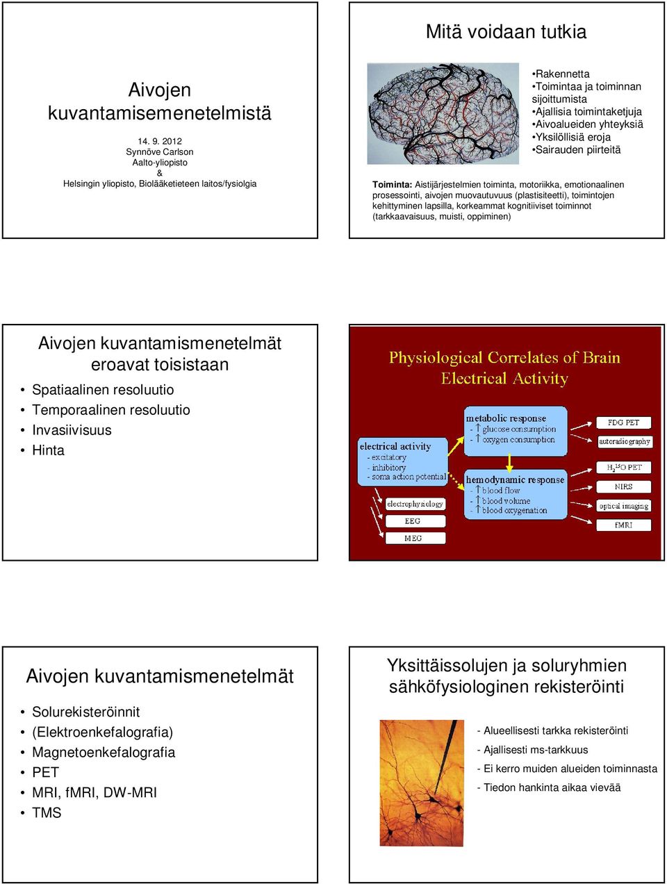 Yksilöllisiä eroja Sairauden piirteitä Toiminta: Aistijärjestelmien toiminta, motoriikka, emotionaalinen prosessointi, aivojen muovautuvuus (plastisiteetti), toimintojen kehittyminen lapsilla,